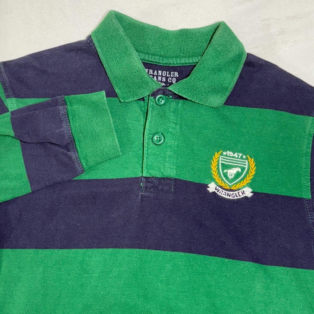 Wrangler Polo Shirt Kids L 10/12 Green Navy Striped Long Sleeve‎ Crest Rugby